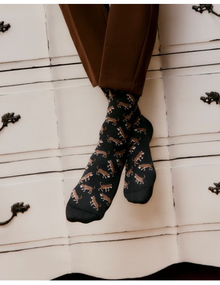 Nos chaussettes femme "Les Léopards" noir - Maison Broussaud