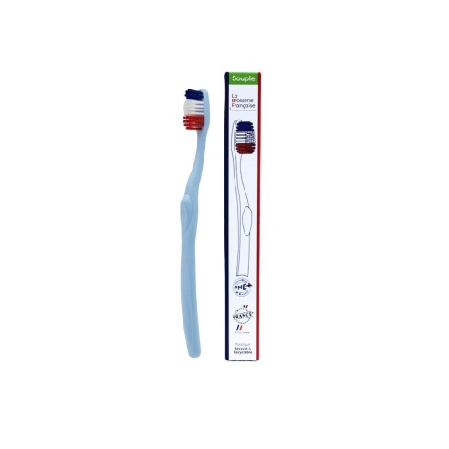 Détail brosse à dents française La Brosserie poils souples bleu ciel fabriquée à Beauvais