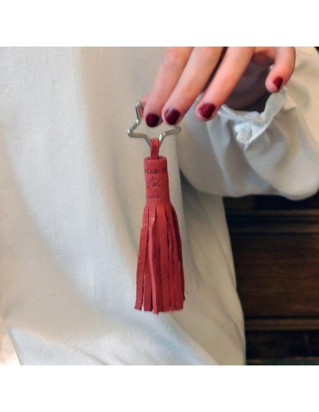 Porte Clés Pompon en cuir Pailleté Rouge Dahlia