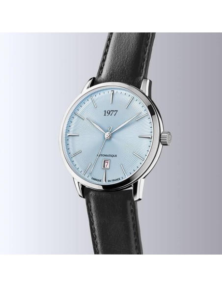 Montre 1977 Edmond Cadran Bleu Glacier Bracelet Cuir Gris