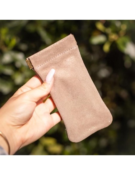 Etui à Lunettes Clic Clac en cuir Pailleté Grège