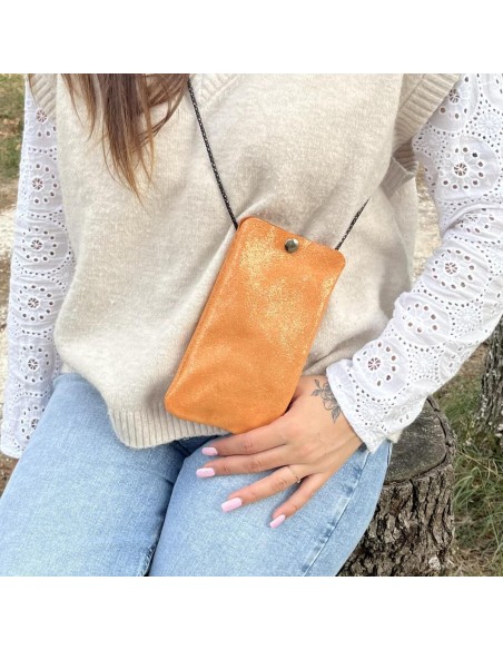 Pochette Téléphone en cuir Pailleté Orange Cuivrée