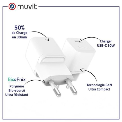 CHARGEUR SECTEUR UNIVERSEL - GAN 30W USB-C BIOSOURCE BLANC
