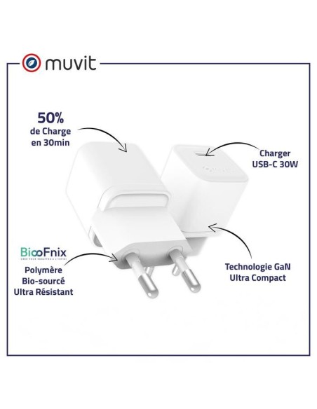CHARGEUR SECTEUR UNIVERSEL - GAN 30W USB-C BIOSOURCE BLANC