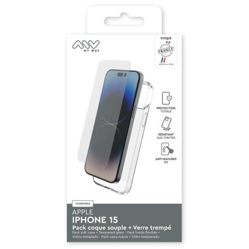 MYWAY FRANCE PACK COQUE SOUPLE + VERRE TREMPE IPHONE 15