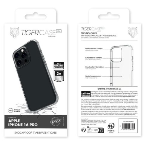 TIGER CASE LITE FRANCE COQUE TRANSPARENTE 2M IPHONE 16 PRO GARANTIE VIE