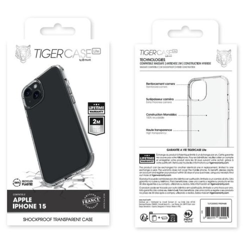 TIGER CASE LITE FRANCE COQUE TRANSPARENTE 2M IPHONE 15 GARANTIE VIE