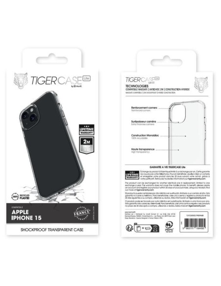 TIGER CASE LITE FRANCE COQUE TRANSPARENTE 2M IPHONE 15 GARANTIE VIE
