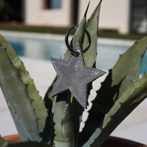 Porte-Clés Etoile en cuir Pailleté Plume