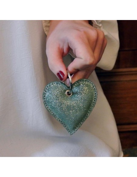 Porte Clés Cœur en cuir Pailleté Basilic