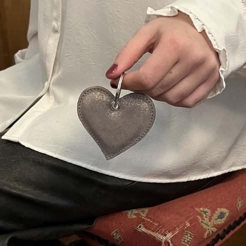 Porte Clés Cœur en cuir Pailleté Gris Bastille