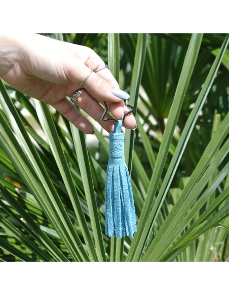 Porte Clés Pompon en cuir pailleté Bleu Ange