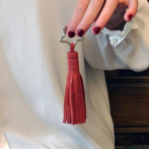 Porte Clés Pompon en cuir Pailleté Rouge Dahlia