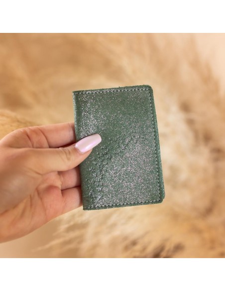 Etui Double à cartes en cuir Pailleté Basilic