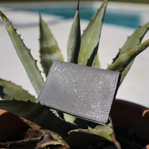 Etui Double à Cartes en cuir Pailleté Plume
