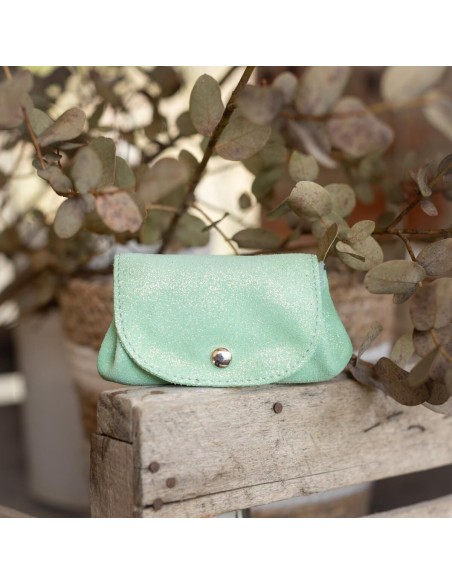 Porte-Monnaie Accordéon en cuir Pailleté Vert Jade