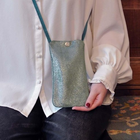 Pochette Téléphone en cuir Pailleté Basilic