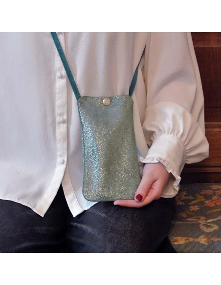 Pochette Téléphone en cuir Pailleté Basilic