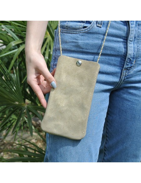 Pochette Téléphone en cuir Pailleté Beige Vénus