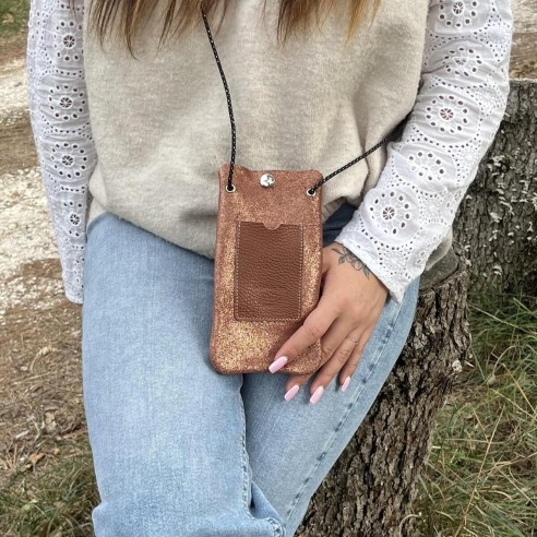 Pochette Téléphone en cuir Pailleté Cannelle Cuivré