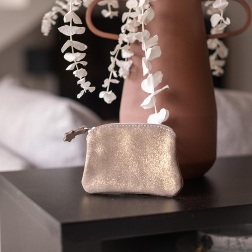 Porte-Monnaie Mini Kiwi en cuir Pailleté Grège