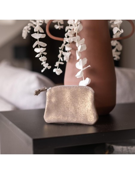 Porte-Monnaie Mini Kiwi en cuir Pailleté Grège