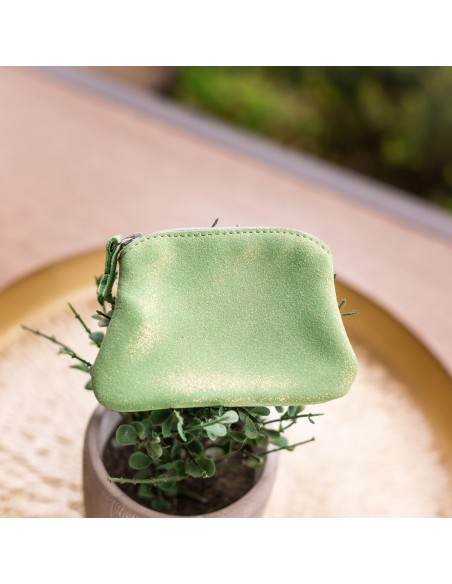 Porte-Monnaie Mini Kiwi en cuir Pailleté Pistache Dorée