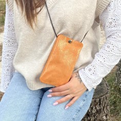 Pochette Téléphone en cuir Pailleté Orange Cuivrée