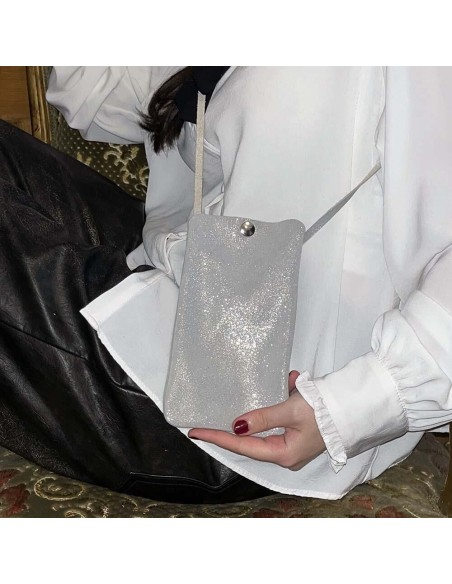 Pochette Téléphone en cuir Pailleté Perle