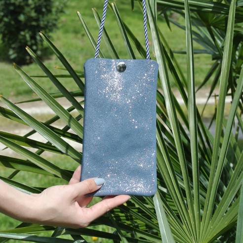 Pochette Téléphone en cuir Pailleté Bleu Vague