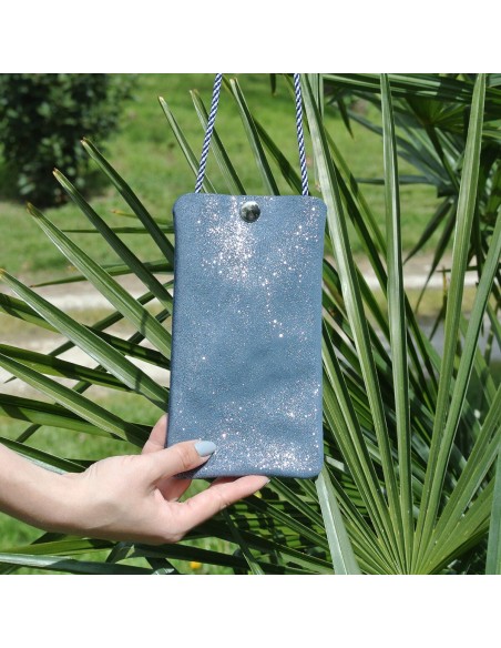 Pochette Téléphone en cuir Pailleté Bleu Vague