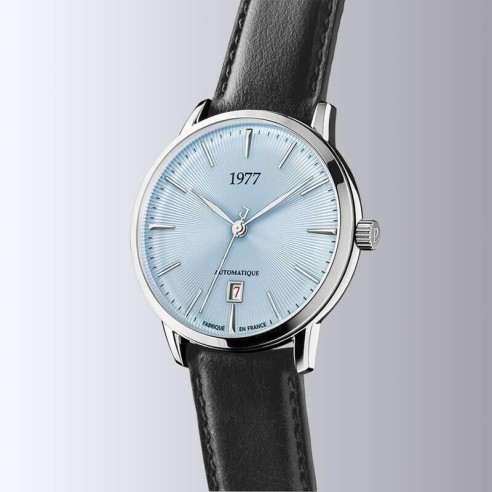Montre 1977 Edmond Cadran Bleu Glacier Bracelet Cuir Gris