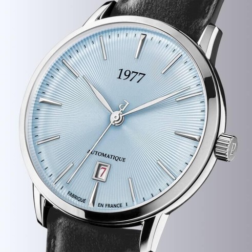 Montre 1977 Edmond Cadran Bleu Glacier Bracelet Cuir Gris