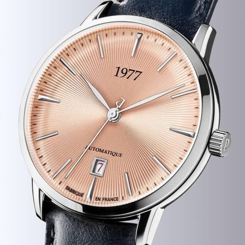 Montre 1977 Edmond Cadran Saumon Bracelet Cuir Gris