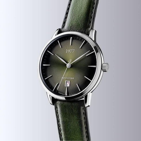 Montre 1977 Edmond Cadran Vert Olive Bracelet Cuir Vert