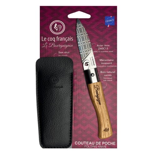 Carte Duo Le Bourguignon - Couteau de poche Le Coq Authentique Le Bourguignon - manche chêne + étui