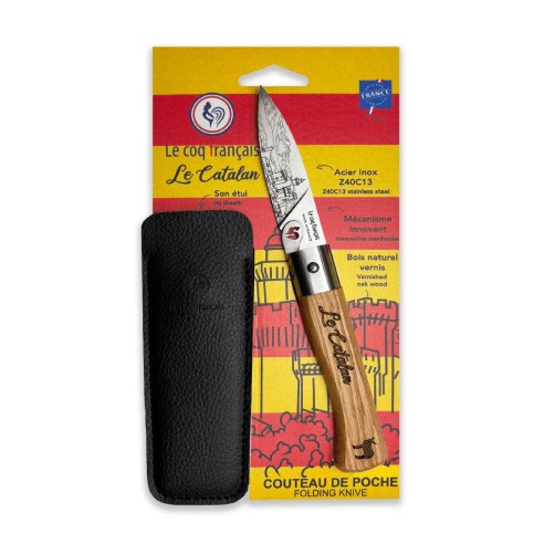 Carte Duo Le Catalan - Couteau de poche Le Coq Authentique Le Catalan - manche chêne + étui