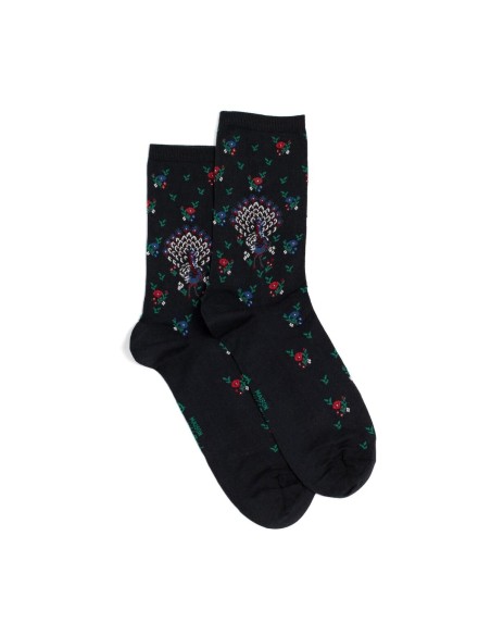 Nos chaussettes femme "Les Paons" noir - Maison Broussaud