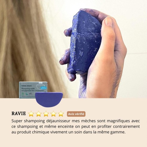 Shampoing solide cheveux blonds blancs aux pigments bleu Ultramarine