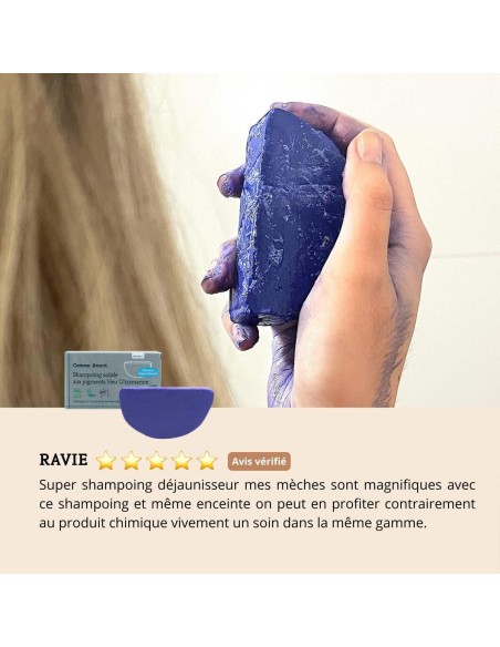 Shampoing solide cheveux blonds blancs aux pigments bleu Ultramarine