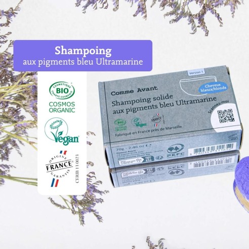Shampoing solide cheveux blonds blancs aux pigments bleu Ultramarine