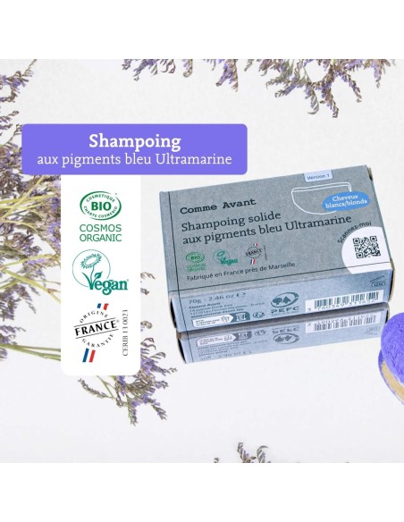 Shampoing solide cheveux blonds blancs aux pigments bleu Ultramarine