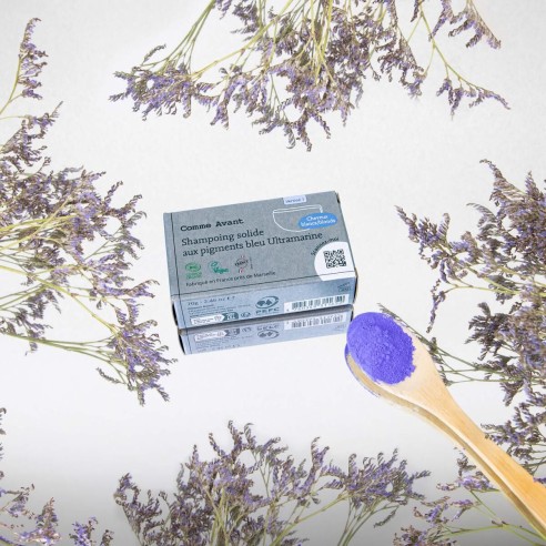 Shampoing solide cheveux blonds blancs aux pigments bleu Ultramarine