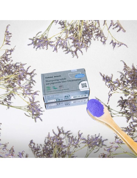 Shampoing solide cheveux blonds blancs aux pigments bleu Ultramarine