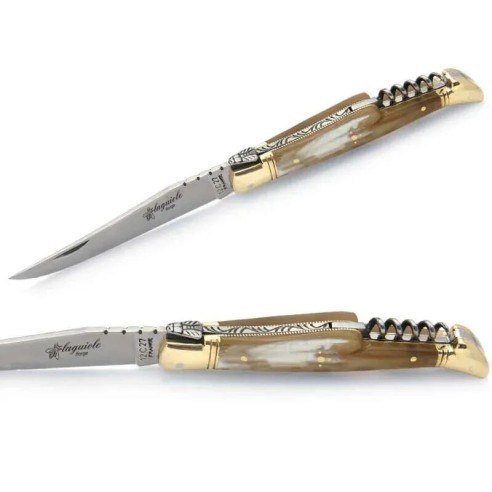 Couteau laguiole manche en corne blonde avec tire-bouchon et mitres en laiton