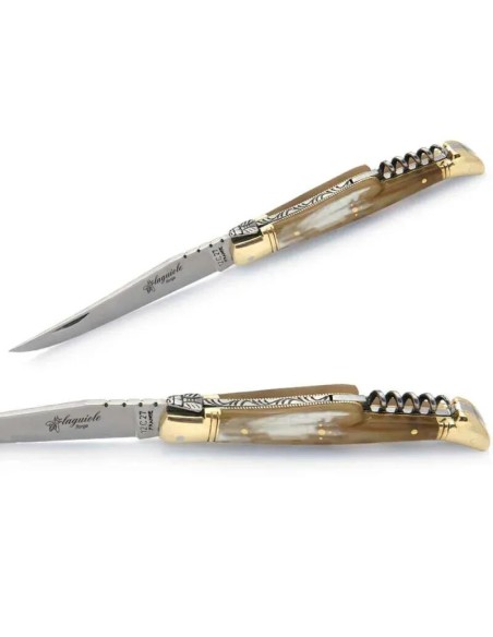 Couteau laguiole manche en corne blonde avec tire-bouchon et mitres en laiton
