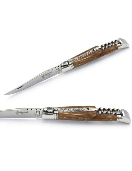 Couteau laguiole manche en bois d'olivier avec tire-bouchon et mitres en inox