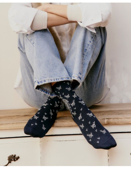 Nos chaussettes femme "Les Paons" marine - Maison Broussaud